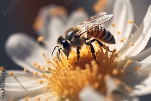 close up of honey bee on flower. Generative AI
