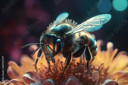 close up of honey bee on flower. Generative AI © create