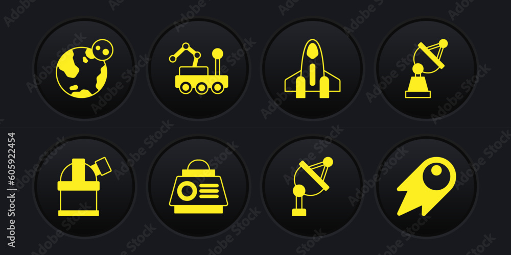 Set Astronomical observatory, Satellite dish, Space capsule, Rocket ship, Mars rover, Comet falling down fast and Earth globe icon. Vector Set Astronomical observatory, Satellite dish, Space capsule, Rocket ship, Mars rover, Comet falling down fast and Earth globe icon. Vector