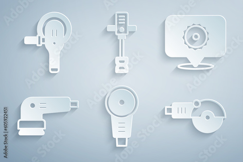 Set Angle grinder, Circular saw blade, Electric sander, Electrical hand concrete mixer and icon. Vector