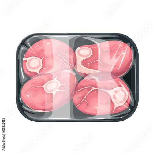 Meat steaks with bone in plastic package vector illustration. Cartoon isolated group of beef or veal shank pieces with marrowbone cut for ossobuco in polystyrene tray, meat product in supermarket pack photo