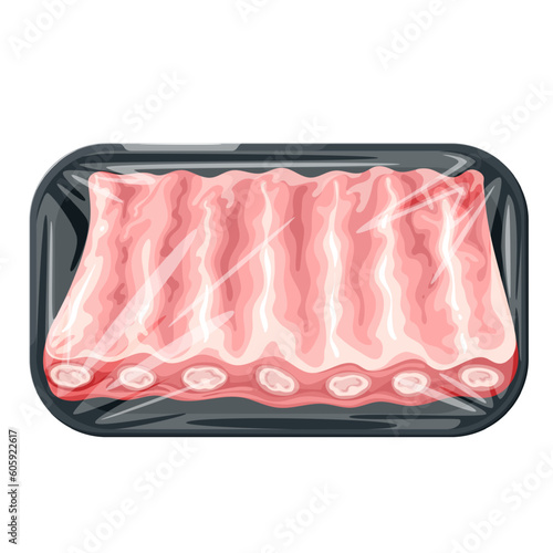 Ribs in supermarket pack vector illustration. Cartoon isolated spare slice of pork meat in plastic tray, raw fresh ribs for barbecue, protein product in vacuum container wrapped in polyethylene