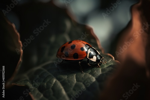 close up shot of lady bug sitting in plants. Generative AI