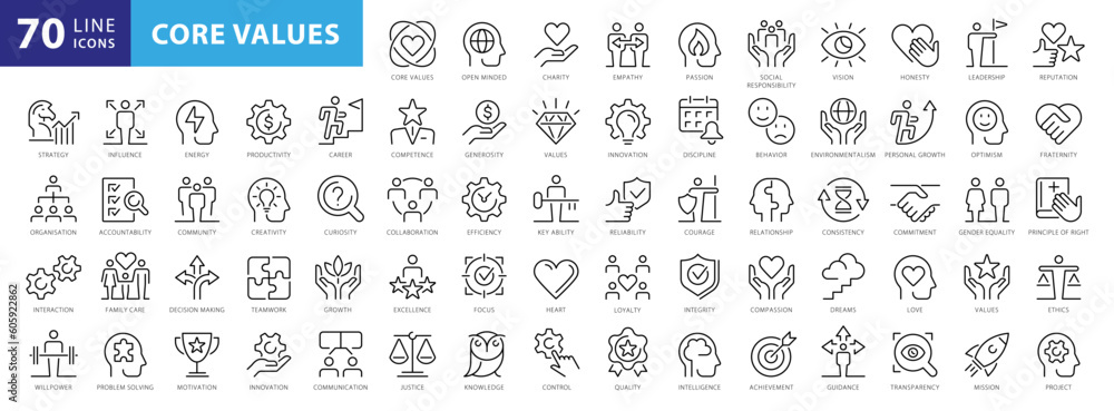 Core values 70 icon set. Full Vector Outline Style Icons. Vector Stock illustration - obrazy, fototapety, plakaty 