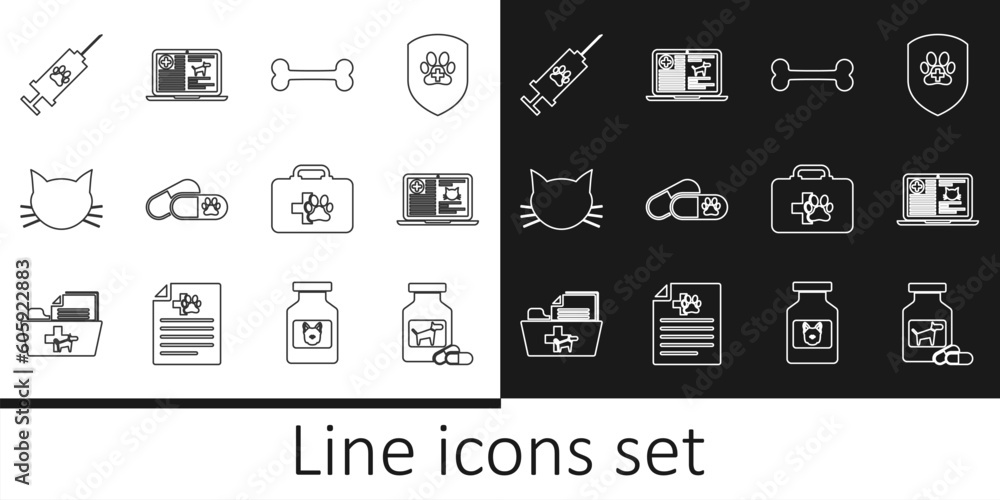 Set line Dog medicine bottle and pills, Clinical record cat on laptop, bone, Cat, Syringe with pet vaccine, Pet first aid kit and dog icon. Vector