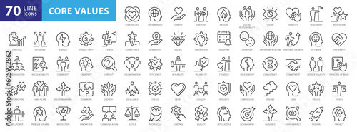 Core values 70 icon set. Full Vector Outline Style Icons. Vector Stock illustration © FourLeafLover
