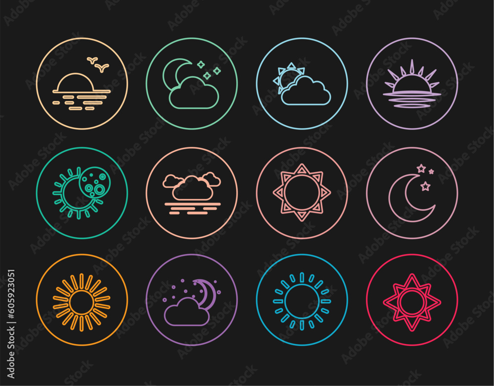 Set line Sun, Moon and stars, cloud weather, Cloud, Eclipse of sun, Sunset, and with moon icon. Vector Set line Sun, Moon and stars, cloud weather, Cloud, Eclipse of sun, Sunset, and with moon icon. Vector