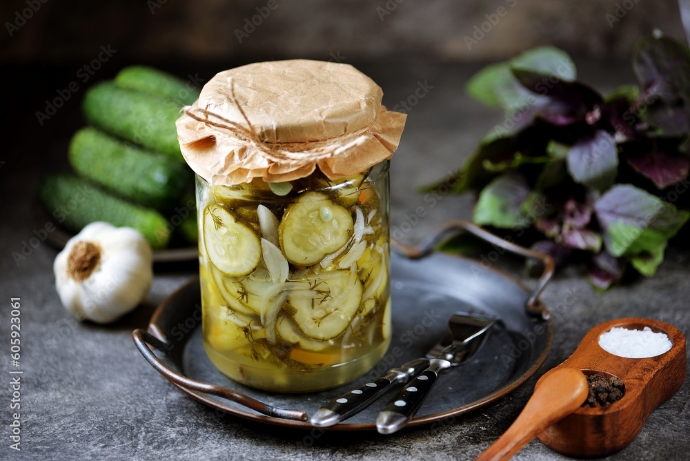 Pickled cucumber salad with onions and bell peppers.