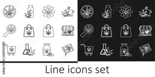 Set line Marijuana or cannabis seeds, Online buying marijuana, Test tube with, Shopping bag of, Magnifying glass and, Stop, and leaf oil icon. Vector