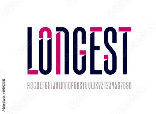 Longest font, high alphabet, croppered letters and numbers made Internal angled serifs bevel type, for your designs: logo, movie banner, cinema poster or newspaper, vector illustration 10EPS