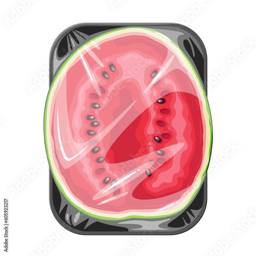 Half of watermelon in supermarket plastic tray vector illustration. Cartoon isolated red berry fruit in package with clear polyethylene film wrap, part of watermelon with seeds and peel in container