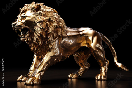 Golden statue of lion on black background. Digitally generated AI image
