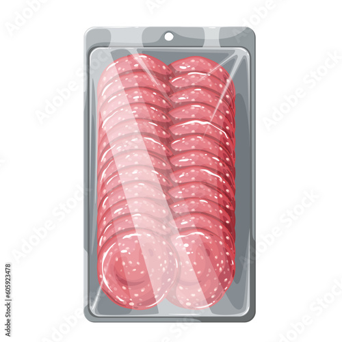 Salami sausage slices in plastic tray vector illustration. Cartoon isolated delicatessen round pieces of chorizo, pepperoni, kielbasa sausages in portion package of butcher shop, supermarket