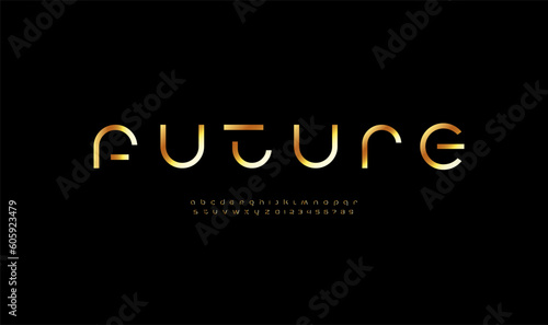 Technology golden font, digital cyber alphabet made future design, gold Latin lowercase letters A-Z and Arab numerals 0, 1, 2, 3, 4, 5, 6, 7, 8, 9 space style