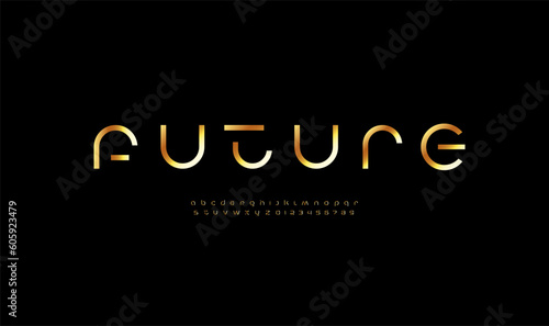 Technology golden font, digital cyber alphabet made future design, gold Latin lowercase letters A-Z and Arab numerals 0, 1, 2, 3, 4, 5, 6, 7, 8, 9 space style