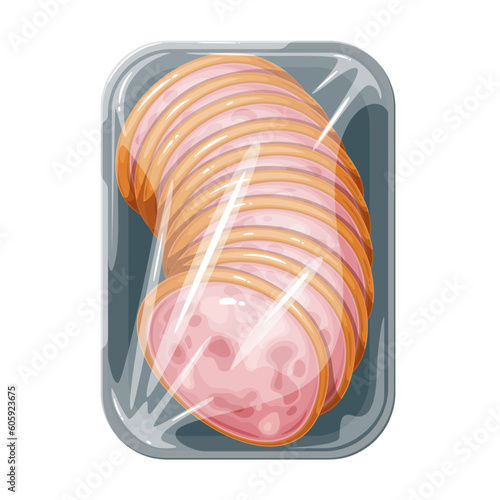 Sausage slices in plastic tray vector illustration. Cartoon isolated Mortadella cooked sausage from ground pork meat and chunks of lean and belly, round pieces of delicatessen meat product in package