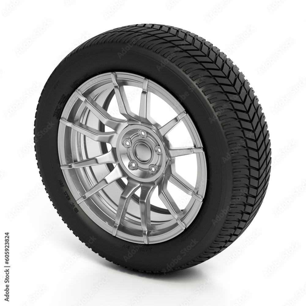 Obraz premium Generic car wheel and tyre isolated on white background. 3D illustration