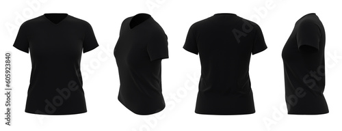 Women's T-shirt template, from four sides, isolated, Black Color