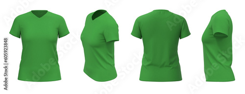 Women's T-shirt template, from four sides, isolated, Green Color