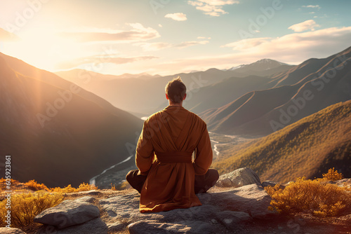 Man meditating mountains Travel Lifestyle relaxation emotional concept adventure summer vacations outdoor harmony with nature. Generative AI