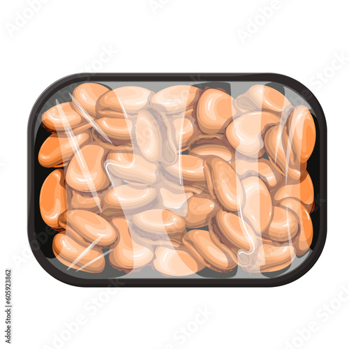 Mussels without shells in plastic tray vector illustration. Cartoon isolated frozen or fresh cold mollusca in box for counter of supermarket or seafood market, mussels in container with wrapper