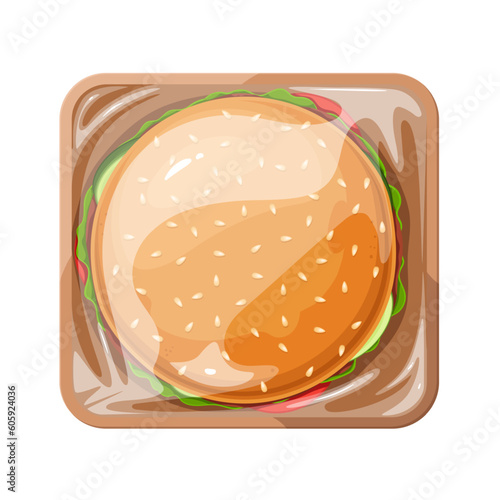 Burger in plastic tray vector illustration. Cartoon isolated cheeseburger of buns and lettuce, vegetables and meat in square container, takeaway food box, burger snack pack for lunch or dinner