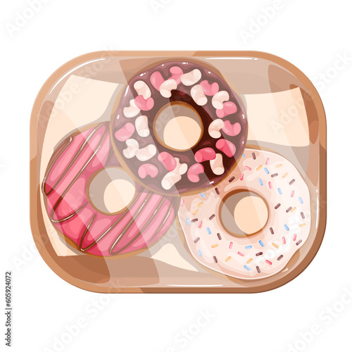 Donuts in plastic tray vector illustration. Cartoon isolated set of doughnuts with sweet pink, chocolate sugar glaze, icing sprinkles and candy in confectionery takeaway package, donut dessert