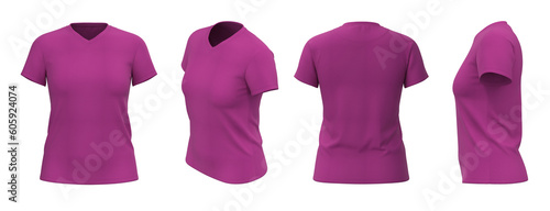 Women's T-shirt template, from four sides, isolated, Pink Color