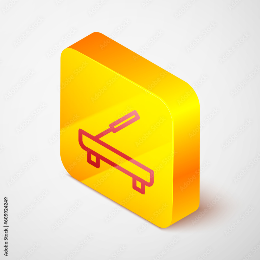 Isometric line Scented spa stick on a wooden stand icon isolated on grey background. Incense stick. Cosmetic procedure aromatherapy. Yellow square button. Vector Isometric line Scented spa stick on a wooden stand icon isolated on grey background. Incense stick. Cosmetic procedure aromatherapy. Yellow square button. Vector
