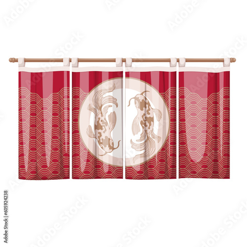 Japanese curtain vector illustration. Cartoon isolated red fabric curtain on bamboo stick with Koi fishes silhouettes in circle, traditional decoration for entrance to store, restaurant, onsen
