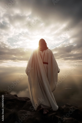 Christ praying on the mountain during sunrise. Digitally generated AI image