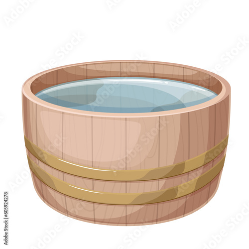 Wooden tub with water vector illustration. Cartoon isolated wood basin for bathing in sauna, hot spring onsen in Japan, circle brown vintage bucket tub for spa procedures in traditional bathhouse