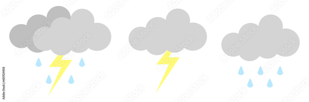 Cloudy weather thunderstorm rain flat simple vector illustration. Fit for icons, elements, stickers, web design, etc. Cloudy weather thunderstorm rain flat simple vector illustration. Fit for icons, elements, stickers, web design, etc.