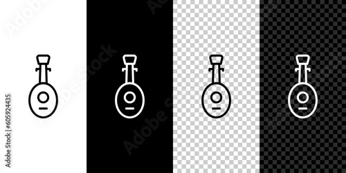 Set line Musical instrument lute icon isolated on black and white, transparent background. Arabic, Oriental, Greek music instrument. Vector