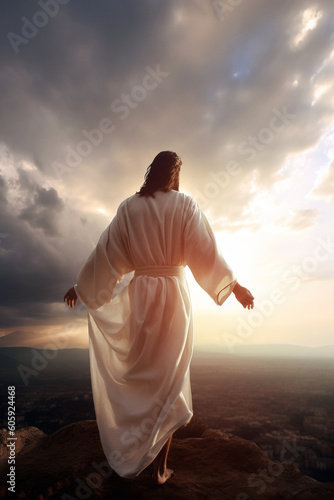 Christ praying on the mountain during sunrise. Digitally generated AI image