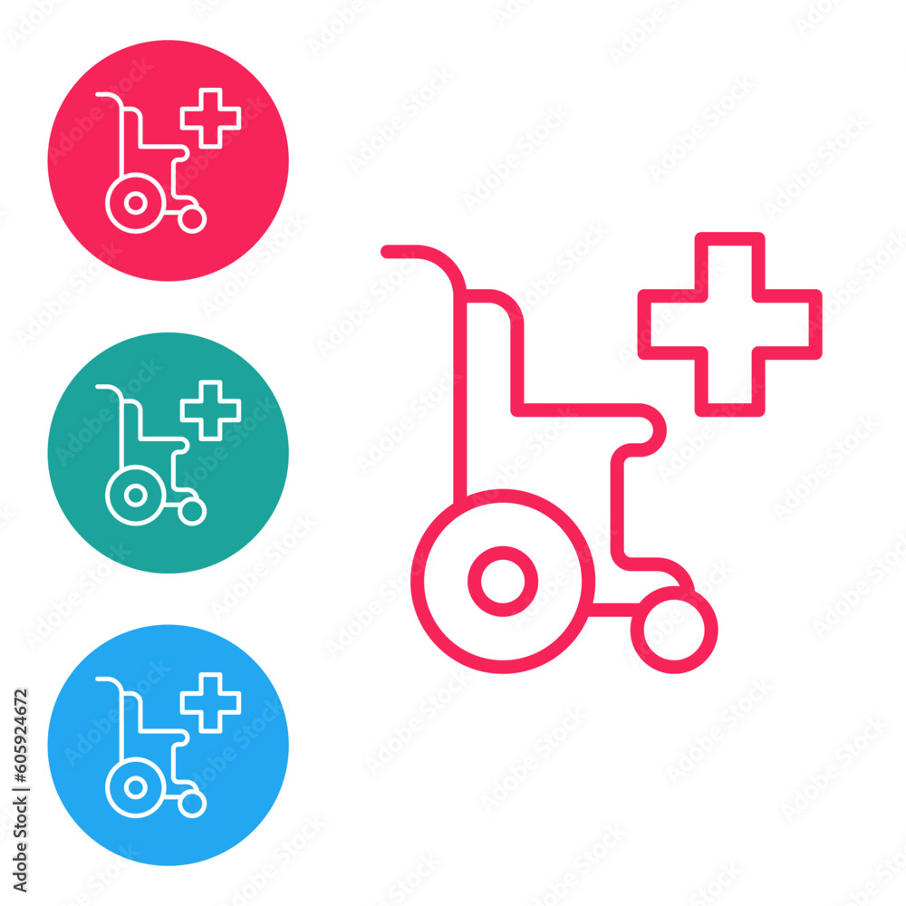 Red line Wheelchair for disabled person icon isolated on white background. Set icons in circle buttons. Vector Red line Wheelchair for disabled person icon isolated on white background. Set icons in circle buttons. Vector