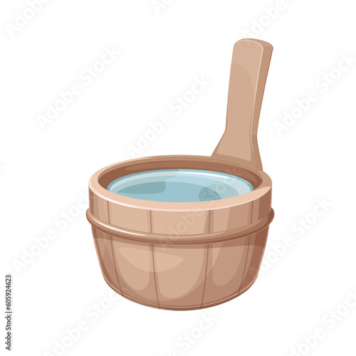 Sauna wooden tub with handle vector illustration. Cartoon isolated traditional bath bucket with water for bathing, wood vintage household round tub for banya, Japanese hot spring onsen, laundry