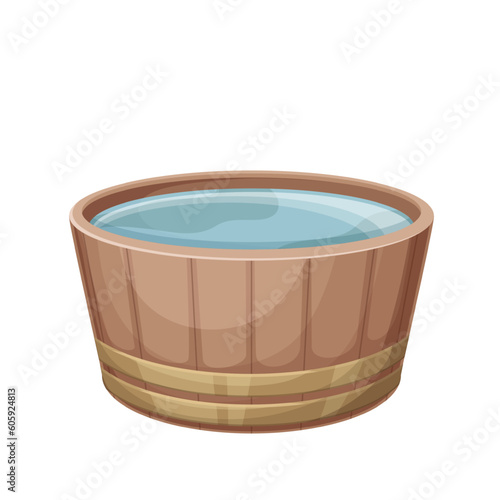 Sauna wooden tub with water vector illustration. Cartoon isolated traditional wood bucket for Japanese hot spring onsen, spa sauna or Russian banya, bath container and rustic brown basin of bathhouse