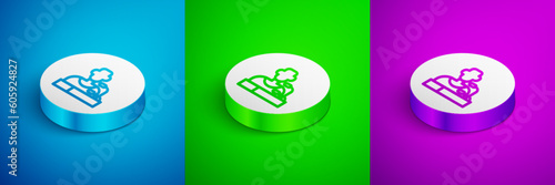 Isometric line Football player press conference icon isolated on blue, green and purple background. White circle button. Vector