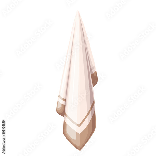 Hanging towel vector illustration. Cartoon isolated white napkin with brown geometric, dry handkerchief or fabric blanket, cotton bath or kitchen textile fresh soft towel on hanger or hook holder