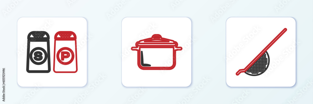 Set line Kitchen colander, Salt pepper and Cooking pot icon. Vector Set line Kitchen colander, Salt pepper and Cooking pot icon. Vector