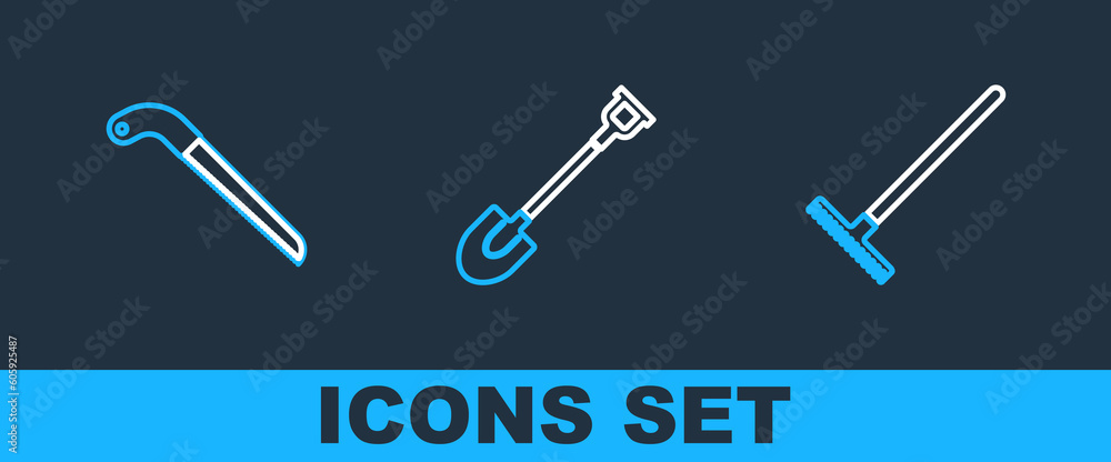 Set line Garden rake, Fertilizer bag and shovel icon. Vector Set line Garden rake, Fertilizer bag and shovel icon. Vector