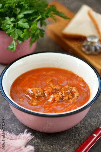 Beef goulash with tomato paste and vegetables