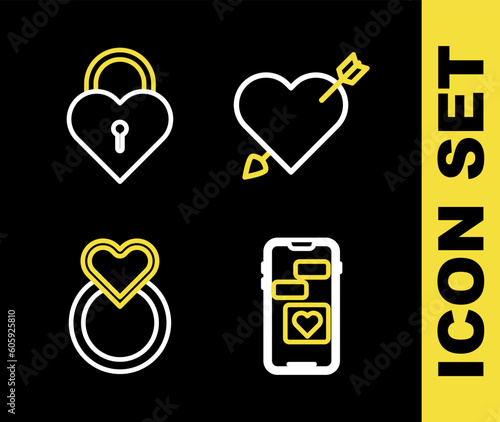 Set line Amour with heart and arrow, Mobile, Wedding rings and Castle the shape of icon. Vector