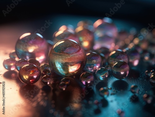 Iridescent pearl spheres on a dark background Liquid dynamic shapes Created with Generative AI technology.