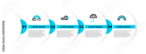 Set line Rainbow, Umbrella, Cone meteorology windsock wind vane and with clouds icon. Vector