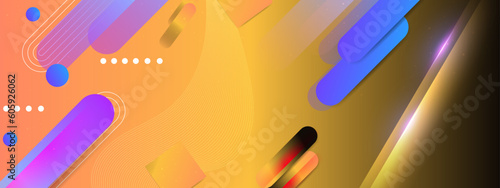 Yellow orange red abstract background for design. Geometric shapes. Triangles, squares, stripes, lines. Color gradient. Modern, futuristic. Light dark shades. Web banner