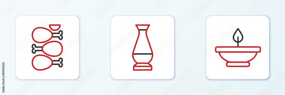 Set line Aroma lamp, Tandoori chicken and Indian vase icon. Vector Set line Aroma lamp, Tandoori chicken and Indian vase icon. Vector
