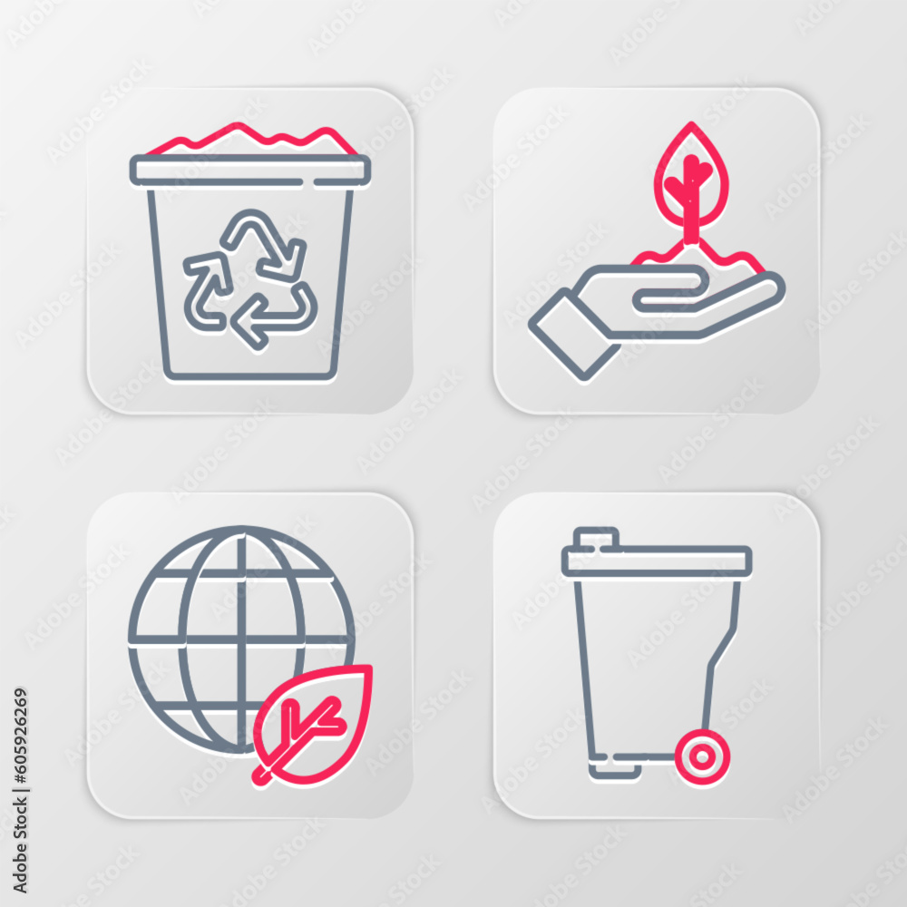 Set line Trash can, Earth globe and leaf, Plant in hand and Recycle bin with recycle icon. Vector Set line Trash can, Earth globe and leaf, Plant in hand and Recycle bin with recycle icon. Vector
