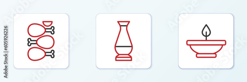 Set line Aroma lamp, Tandoori chicken and Indian vase icon. Vector